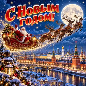 Открытка «С Новым годом!» с санями Деда Мороза