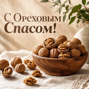 Открытка с Ореховым Спасом с грецкими орехами в деревянной миске