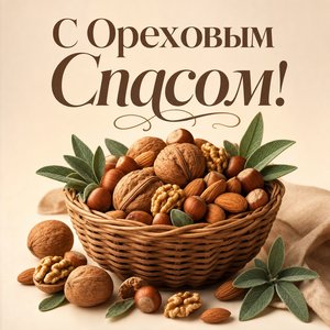 Открытка с Ореховым Спасом с корзиной орехов