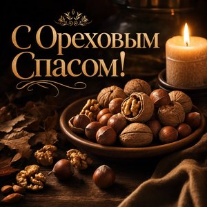 Открытка с Ореховым Спасом с орехами у свечи