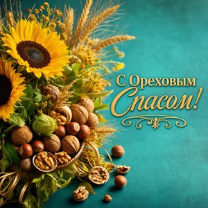 Открытка с Ореховым Спасом с подсолнухами и орехами