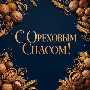 Открытка с Ореховым Спасом с золотым ореховым орнаментом