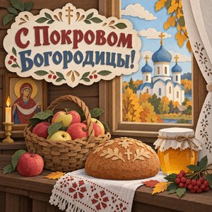 Открытка «С Покровом Богородицы!» с хлебом, мёдом и яблоками