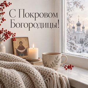 Открытка «С Покровом Богородицы!» с пледом и первым снегом