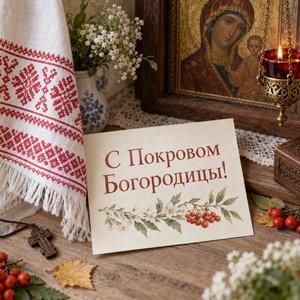 Открытка «С Покровом Богородицы!» с рушником в красном углу