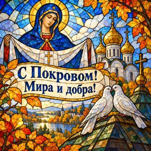 Открытка «С Покровом! Мира и добра!» с голубями на крыше храма