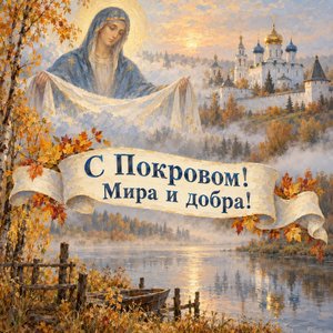 Открытка «С Покровом! Мира и добра!» с монастырём у реки