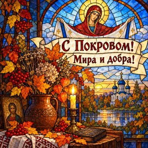 Открытка «С Покровом! Мира и добра!» с осенним букетом в кувшине