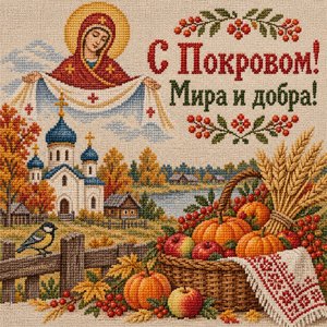Открытка «С Покровом! Мира и добра!» с урожаем у церкви