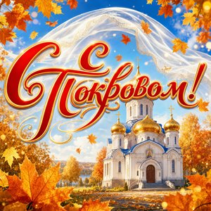 Открытка Покров Пресвятой Богородицы с белым покровом над храмом