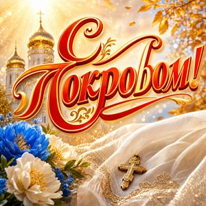Открытка Покров Пресвятой Богородицы с белым покровом и золотым крестом
