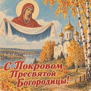 Открытка «С Покровом Пресвятой Богородицы!» с белым храмом среди берёз