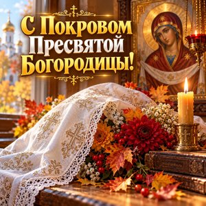 Открытка «С Покровом Пресвятой Богородицы!» с белым покровом и свечой