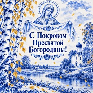 Открытка «С Покровом Пресвятой Богородицы!» с часовней в берёзовой роще