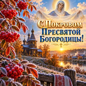 Открытка «С Покровом Пресвятой Богородицы!» с деревенской церковью и рябиной