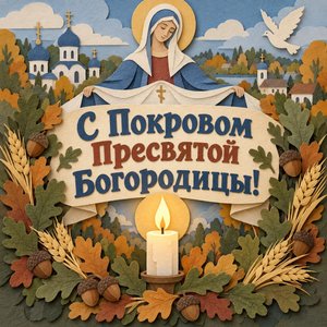Открытка «С Покровом Пресвятой Богородицы!» с венком из дубовых листьев
