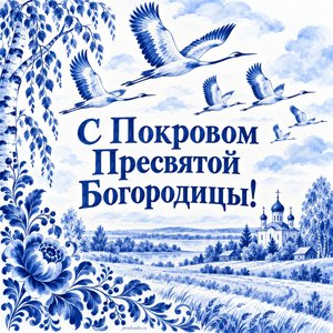 Открытка «С Покровом Пресвятой Богородицы!» с журавлями над полями