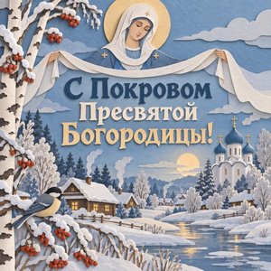 Открытка «С Покровом Пресвятой Богородицы!» с зимним утром в деревне