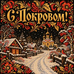 Открытка «С Покровом!» с первым снегом у храма