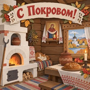 Открытка «С Покровом!» с русской печью