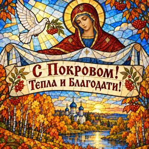 Открытка «С Покровом! Тепла и благодати!» с голубем и рябиной