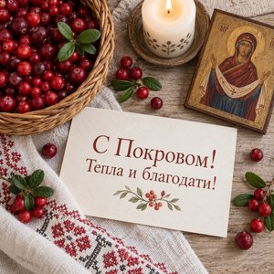 Открытка «С Покровом! Тепла и благодати!» с клюквой и брусникой