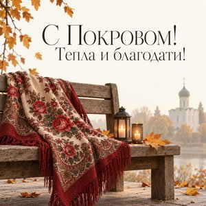 Открытка «С Покровом! Тепла и благодати!» с павловопосадским платком