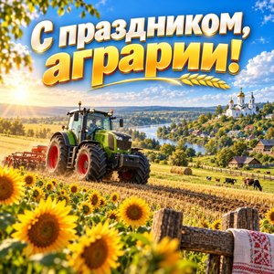 Открытка «С праздником, аграрии!» с трактором в поле