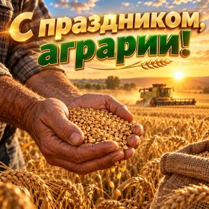 Открытка «С праздником, аграрии!» с зерном в ладонях