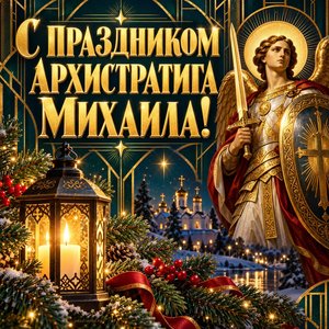Открытка «С праздником Архистратига Михаила!» с фонарём и ветками