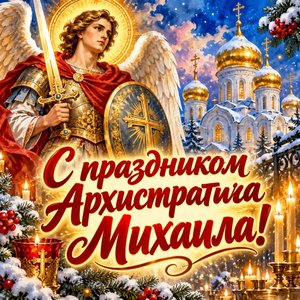 Открытка «С праздником Архистратига Михаила!» с куполами в снегу