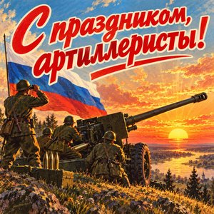 Открытка «С праздником, артиллеристы!» с орудием на закате