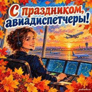Открытка «С праздником, авиадиспетчеры!» с диспетчером за пультом в рамке из кленовых листьев