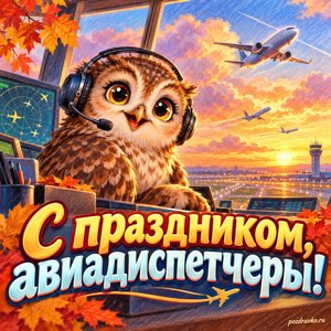Открытка «С праздником, авиадиспетчеры!» с доброй совой в гарнитуре на фоне мягких осенних облаков
