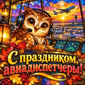 Открытка «С праздником, авиадиспетчеры!» с доброй совой в гарнитуре в сиянии уютных фонариков