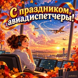 Открытка «С праздником, авиадиспетчеры!» с небом и сияющими маршрутами с нарядными праздничными лентами