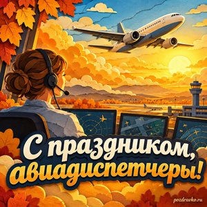 Открытка «С праздником, авиадиспетчеры!» с самолётом над золотыми облаками при золотом солнечном свете