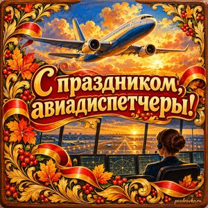 Открытка «С праздником, авиадиспетчеры!» с самолётом над золотыми облаками с нарядными праздничными лентами