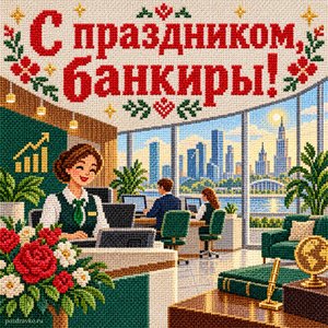 Открытка «С праздником, банкиры!» с банком и городом