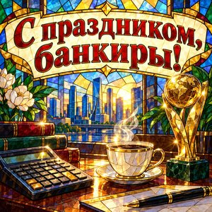 Открытка «С праздником, банкиры!» с калькулятором и кубком