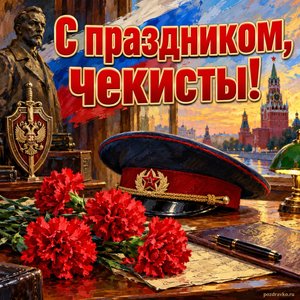 Открытка «С праздником, чекисты!» с гвоздиками и фуражкой