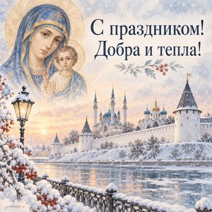 Открытка «С праздником! Добра и тепла!» с белыми стенами Казанского кремля