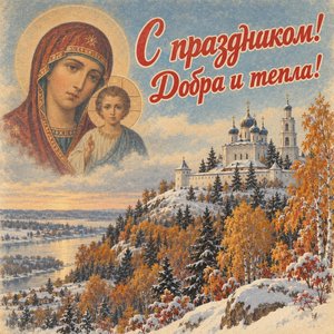 Открытка «С праздником! Добра и тепла!» с монастырём на холме