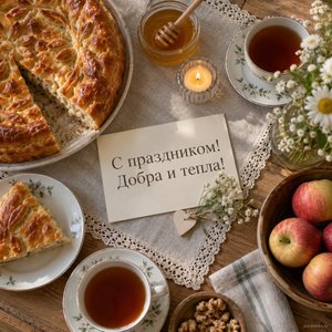 Открытка «С праздником! Добра и тепла!» с пирогами и мёдом