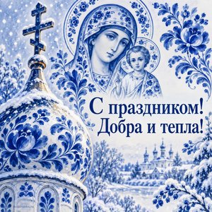 Открытка «С праздником! Добра и тепла!» со снежинками на куполе