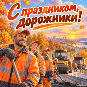 Открытка «С праздником, дорожники!» с дорожной бригадой в оранжевых жилетах на фоне мягких осенних облаков