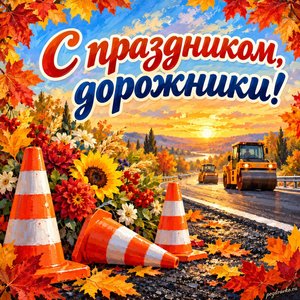 Открытка «С праздником, дорожники!» с дорожными конусами и цветами в рамке из кленовых листьев