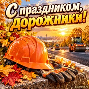 Открытка «С праздником, дорожники!» с каской и рабочими перчатками при золотом солнечном свете