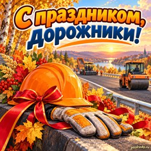 Открытка «С праздником, дорожники!» с каской и рабочими перчатками с нарядными праздничными лентами