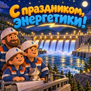 Открытка «С праздником, энергетики!» с ГЭС ночью